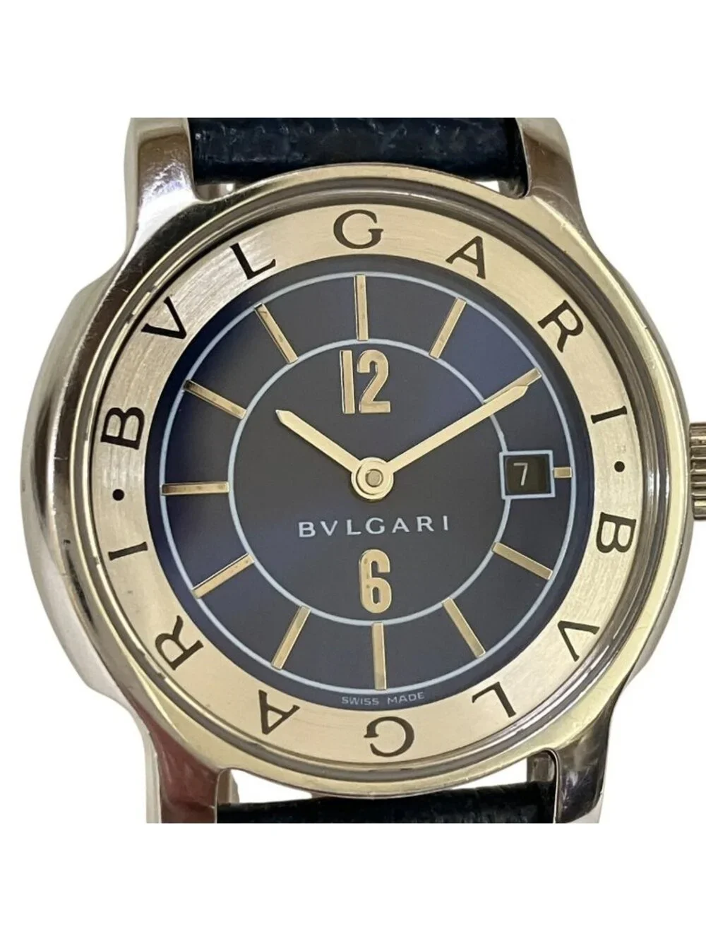 Bvlgari Solo Tempo Watch SS Leather Quartz Blue Dial